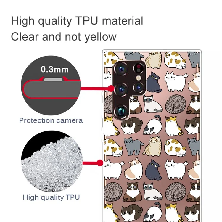 Slim Thin Pattern Printing IMD Flexible TPU Anti-Scratch Clear Skin Protective Phone Case for Samsung Galaxy S22 Ultra 5G - Cute Cats