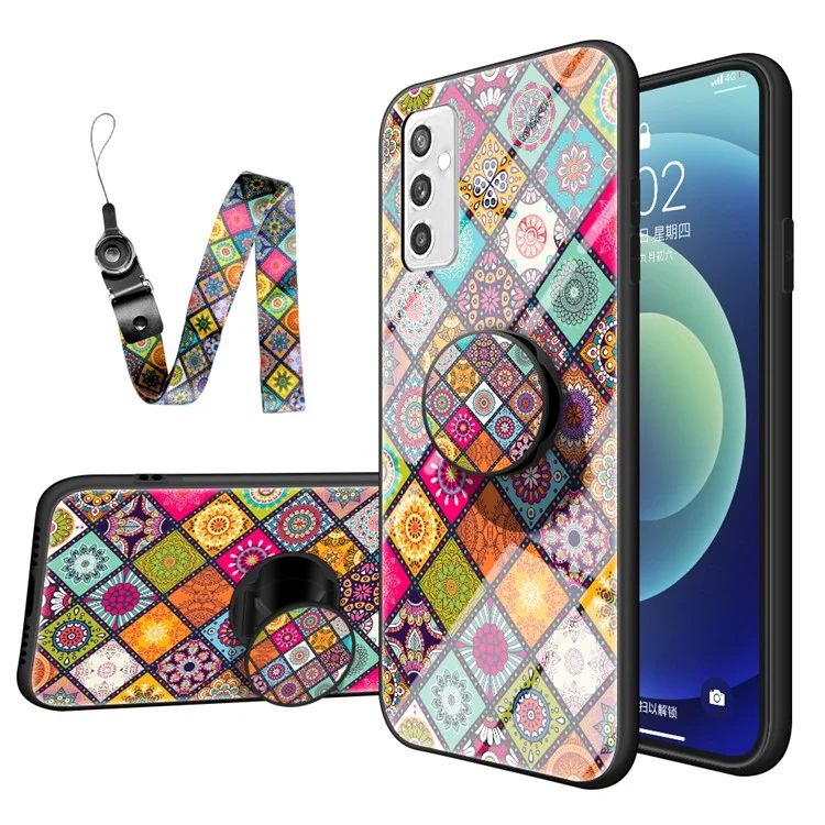 Funda híbrida de vidrio templado + PC + TPU con soporte y cordón para Samsung Galaxy M52 5G - Diseño de patrones de colores 