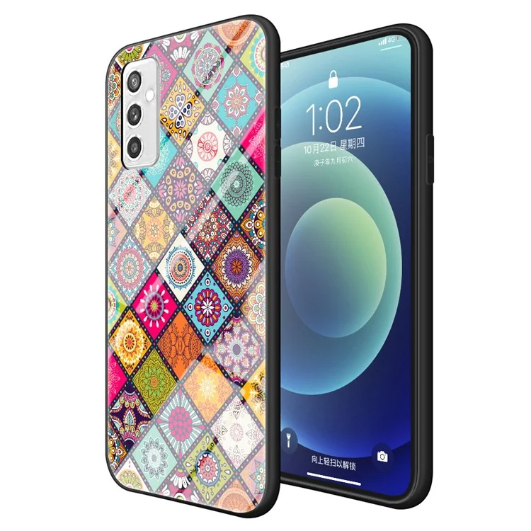 Funda híbrida de vidrio templado + PC + TPU con soporte y cordón para Samsung Galaxy M52 5G - Diseño de patrones de colores 