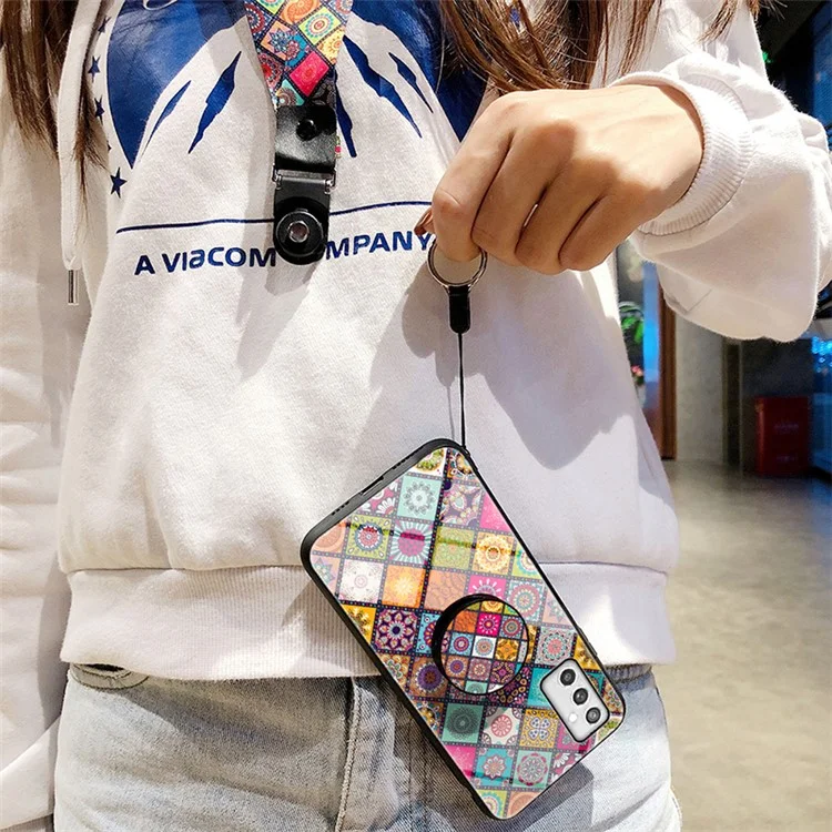 Funda híbrida de vidrio templado + PC + TPU con soporte y cordón para Samsung Galaxy M52 5G - Diseño de patrones de colores 