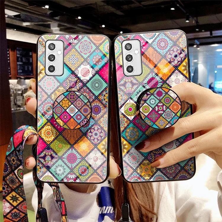 Funda híbrida de vidrio templado + PC + TPU con soporte y cordón para Samsung Galaxy M52 5G - Diseño de patrones de colores 