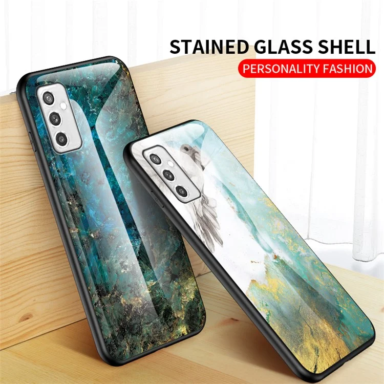 Étui de Protection en Verre Trempé et Cadre TPU Souple avec Motif Marbre pour Samsung Galaxy M52 5G - Marbre Blanc