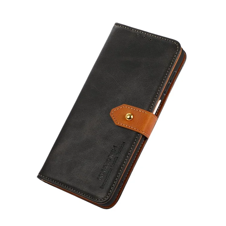 KHAZNEH Folio Flip Magnetic Golden Clasp PU Leather Wallet Stand Phone Cover Shell for Samsung Galaxy S22 Ultra 5G - Black