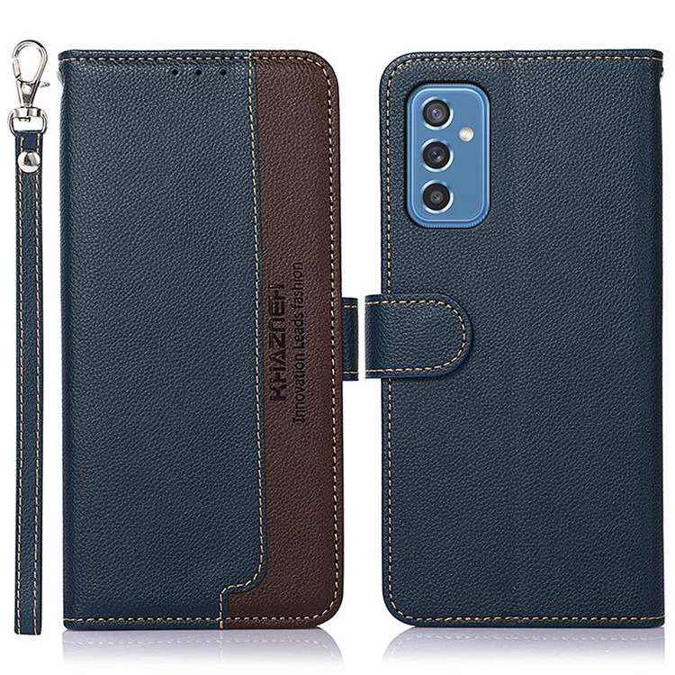 KHAZNEH Litchi Skin PU Leather RFID Blocking Anti-theft Swiping Wallet Stand Protective Phone Case with Strap for Samsung Galaxy M52 5G - Blue