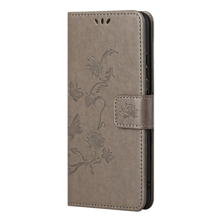 Butterfly Flower Imprinting Anti-Scratch Anti-Drop Leather Phone Wallet Stand Cover with Strap for Samsung Galaxy M52 5G - Grey