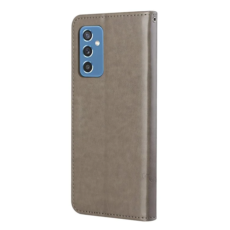 Butterfly Flower Imprinting Anti-Scratch Anti-Drop Leather Phone Wallet Stand Cover with Strap for Samsung Galaxy M52 5G - Grey