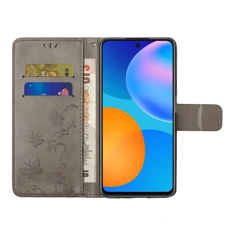 Butterfly Flower Imprinting Anti-Scratch Anti-Drop Leather Phone Wallet Stand Cover with Strap for Samsung Galaxy M52 5G - Grey