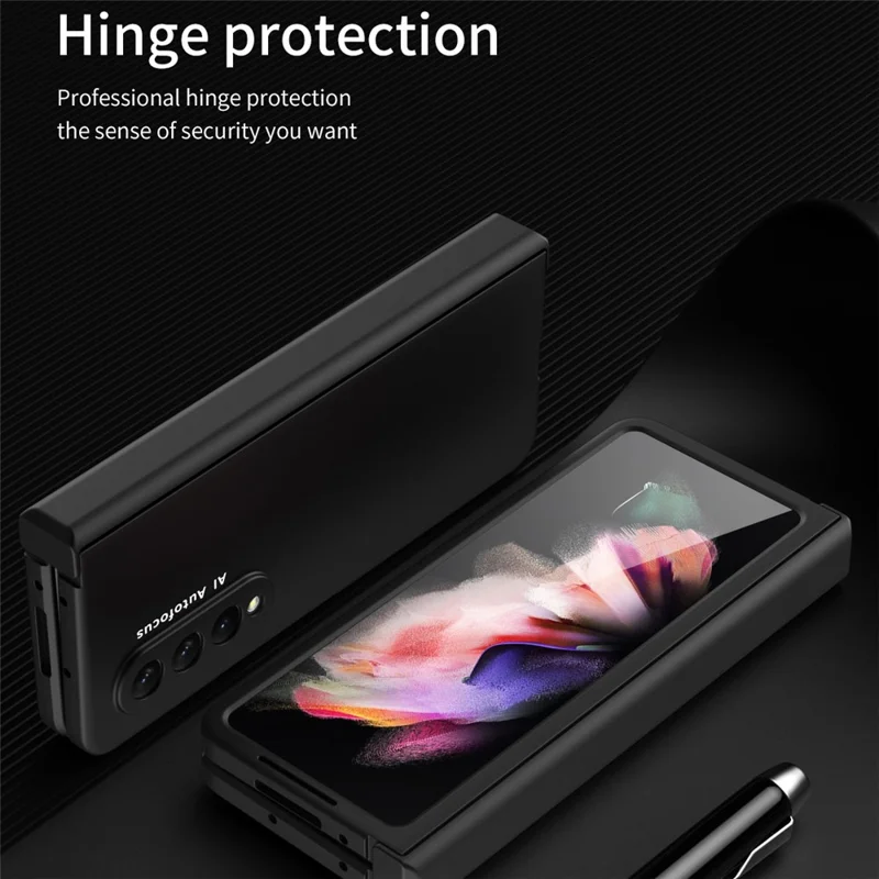 Hard PC Phone Flip Case Cover with Glass Screen Protector for Samsung Galaxy Z Fold3 5G - Black