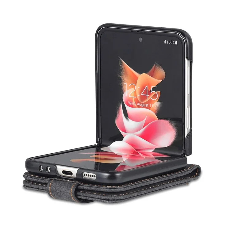 AZNS PU Leather Card Slots Magnetic Clasp Anti-Fall Phone Cover with Stand for Samsung Galaxy Z Flip3 5G - Black