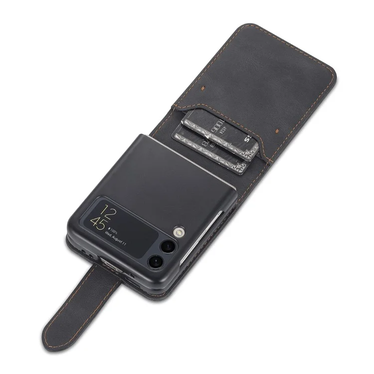 AZNS PU Cuir Slots Slots Fermant Fermain Anti-bas Couvercle de Téléphone Avec Support Pour Samsung Galaxy Z Flip3 5G - le Noir