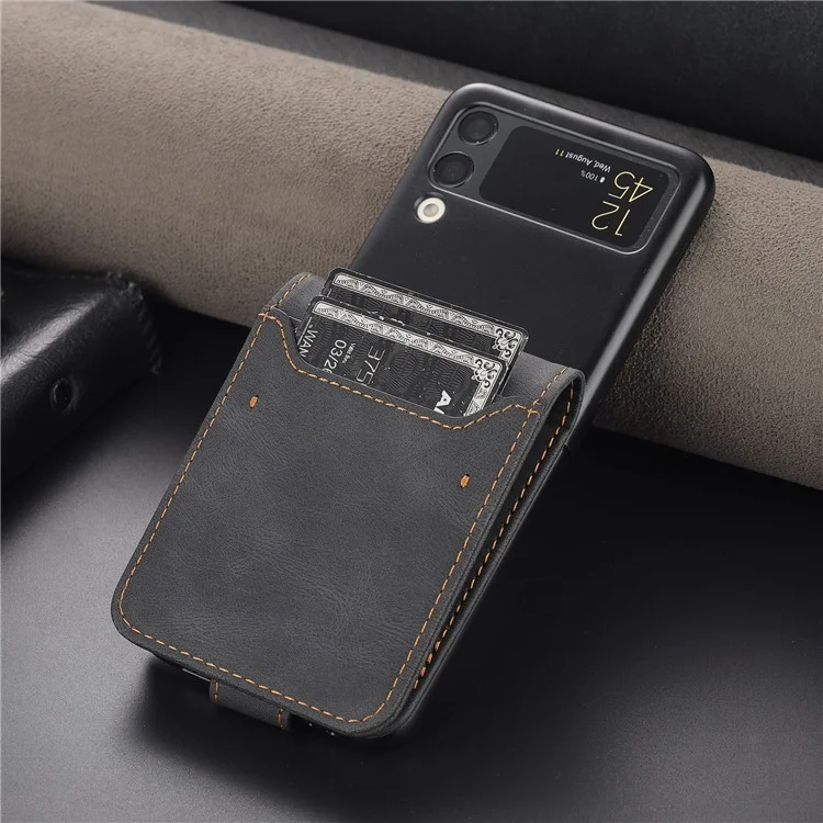 AZNS PU Leather Card Slots Magnetic Clasp Anti-Fall Phone Cover with Stand for Samsung Galaxy Z Flip3 5G - Black