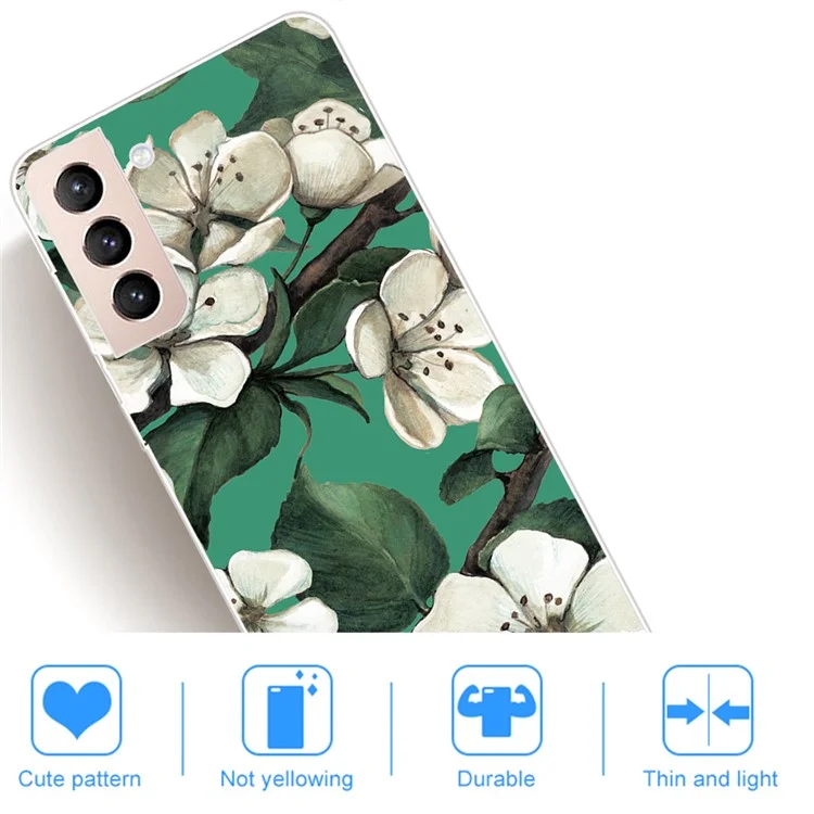 Non-yellowing Soft TPU Pattern Printing Anti-drop Protective Phone Case Cover for Samsung Galaxy S22 5G - White Flower