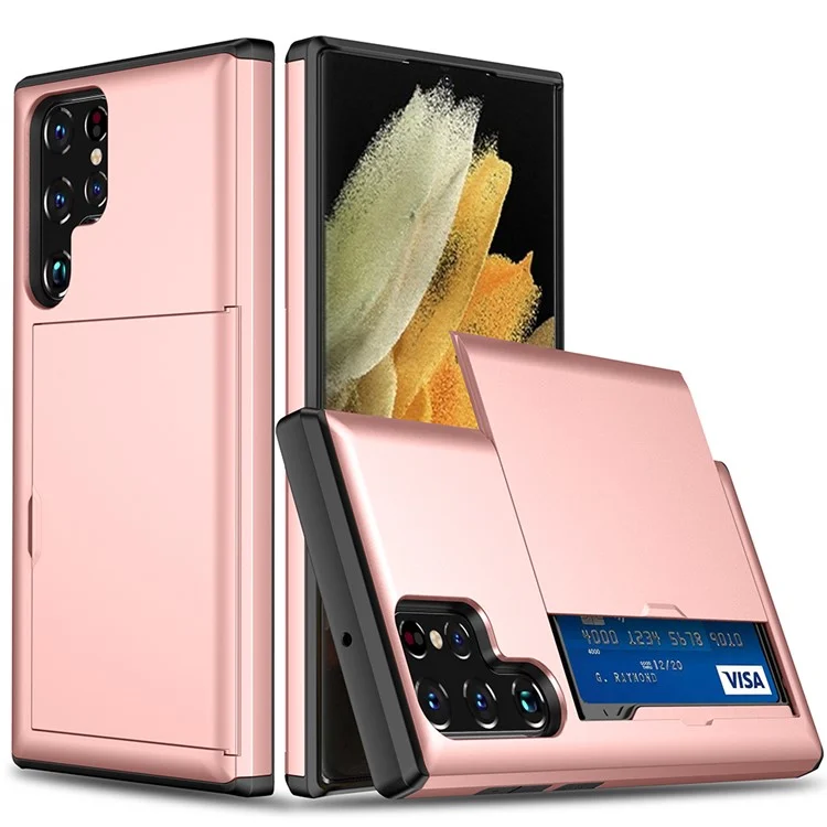 Чехол для телефона Samsung Galaxy S22 Ultra 5G Slide Card Holder Anti-drop Well-protected Smooth PC + TPU Hybrid - Розовое золото
