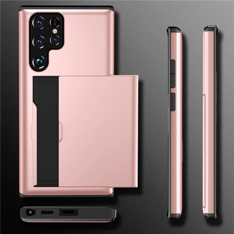 Чехол для телефона Samsung Galaxy S22 Ultra 5G Slide Card Holder Anti-drop Well-protected Smooth PC + TPU Hybrid - Розовое золото