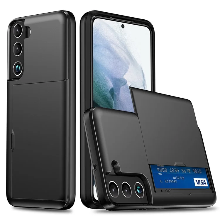 Suporte de Cartão Deslizante com Superfície Lisa, Anti-queda e Estiloso, Capa de Telefone Híbrida de PC + TPU para Samsung Galaxy S22+ 5G - Preta