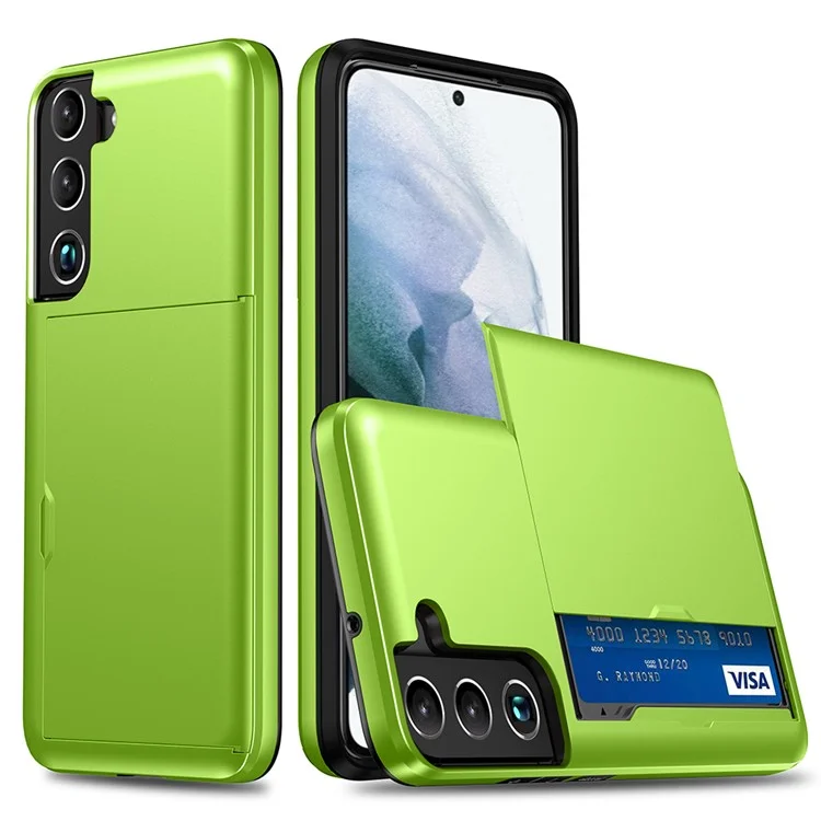 Support de carte coulissant Surface lisse Anti-chute Coque de téléphone hybride de style PC + TPU pour Samsung Galaxy S22+ 5G - Vert