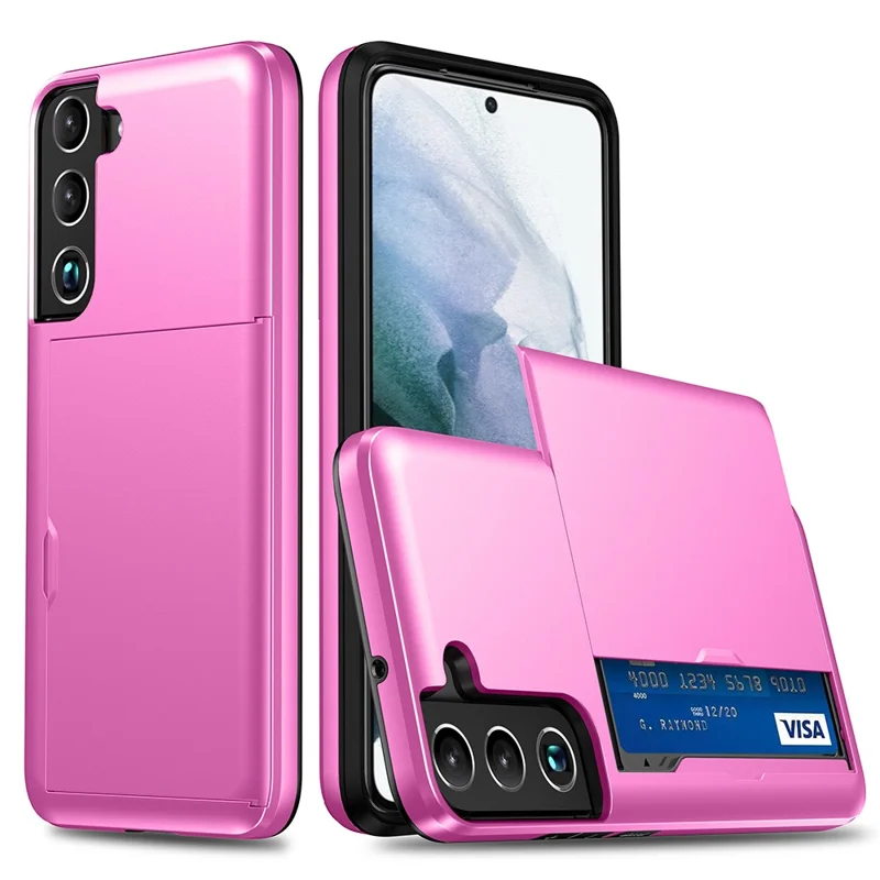 Sliding Card Holder Smooth Surface Anti-drop Stylish PC + TPU Hybrid Phone Shell for Samsung Galaxy S22+ 5G - Pink