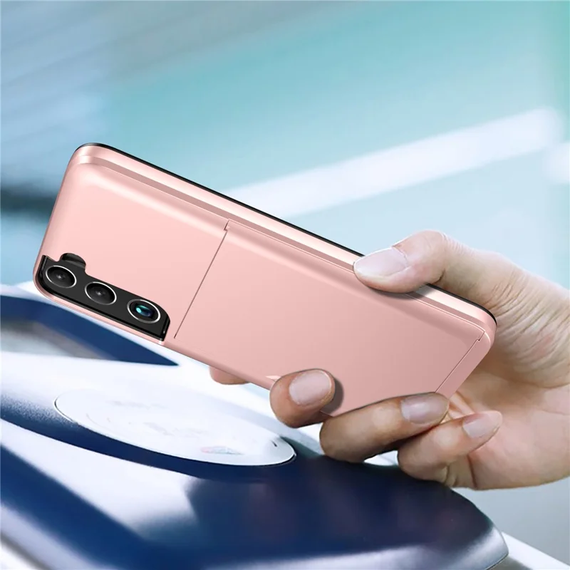 Sliding Card Holder Smooth Surface Anti-drop Stylish PC + TPU Hybrid Phone Shell for Samsung Galaxy S22+ 5G - Pink