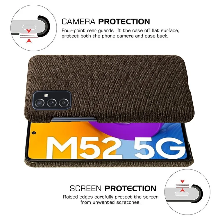 KSQ Good Protection Phone Cover Cloth Coated Plastic Phone Case for Samsung Galaxy M52 5G - Brown