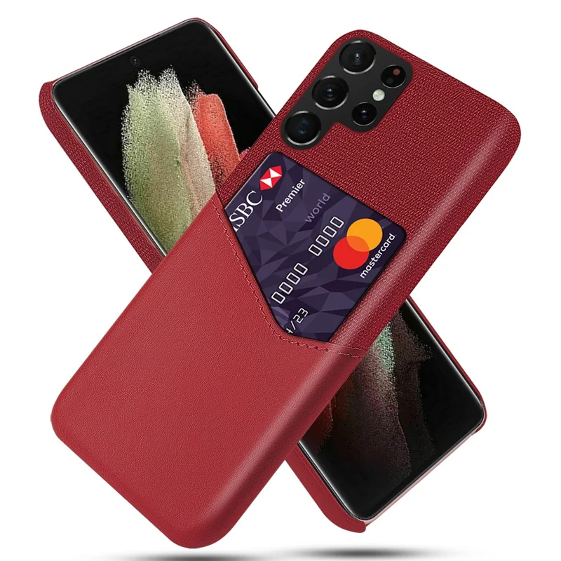 KSQ Drop-Resistant PU Leather Coated Hard PC Phone Case Cloth Texture Cover with Single Card Slot for Samsung Galaxy S22 Ultra 5G - Red