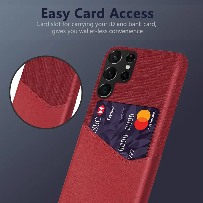 KSQ Drop-Resistant PU Leather Coated Hard PC Phone Case Cloth Texture Cover with Single Card Slot for Samsung Galaxy S22 Ultra 5G - Red