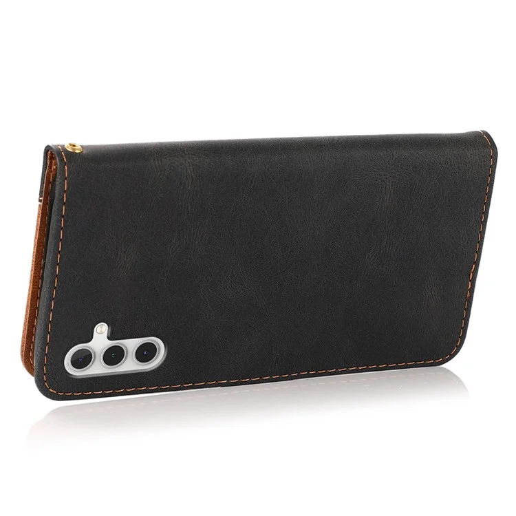 Stylish Dual-color Splicing Design Wallet Stand Leather Phone Case Shell with Wrist Strap for Samsung Galaxy A13 5G / A04s 4G (164.7 x 76.7 x 9.1 mm) - Black / Brown