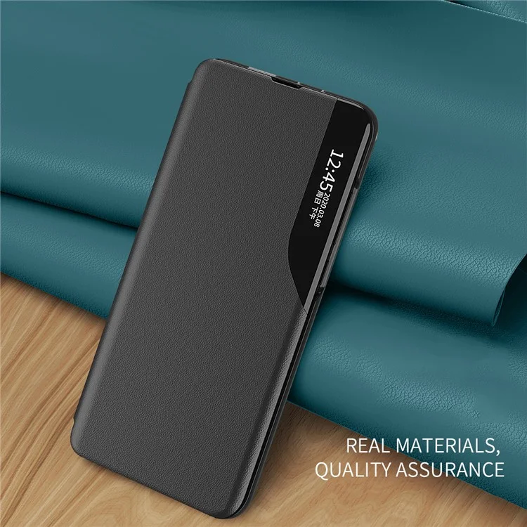 Smart View Window Stand PU Leather Folio Protective Flip Cover para Samsung Galaxy M52 5G - Rojo