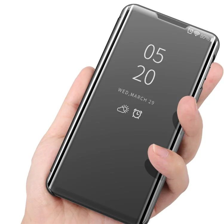 Galvanoplastia Projeto Espelho Luz Clara Janela De Exibição Tampa Telefone Fino Anti-queda Tela Aleta Com Suporte Para Samsung Galaxy M52 5G - Fresco Preto