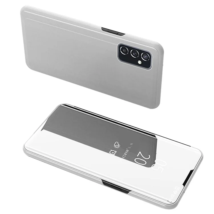 Galvanoplastia Projeto Espelho Luz Clara Janela De Exibição Tampa Telefone Fino Anti-queda Tela Aleta Com Suporte Para Samsung Galaxy M52 5G - Prata