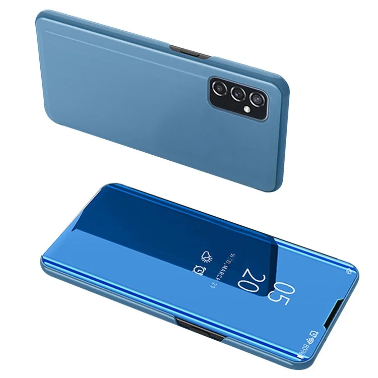 Electroplating Mirror Design Light Slim Anti-drop Clear View Window Screen Display Flip Phone Cover with Stand for Samsung Galaxy M52 5G - Sky Blue