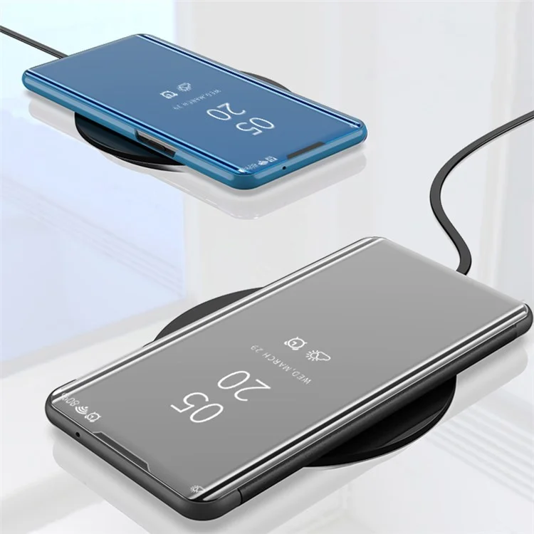 Vue La Conception Lumière Mince Anti-goutte Miroir Clair Galvanoplastie Fenêtre Écran Couverture De Téléphone Flip Avec Support Pour Samsung Galaxy M52 5G - Bleu Ciel