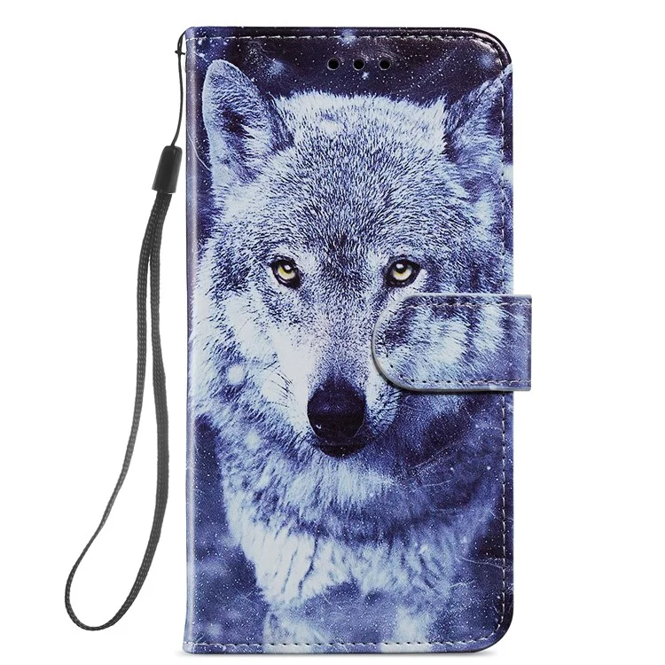 Stand Bookstyle Pattern Printing PU Leather Wallet Magnetic Flip Folio Cover with Wrist Strap for Samsung Galaxy S22 5G - Wolf