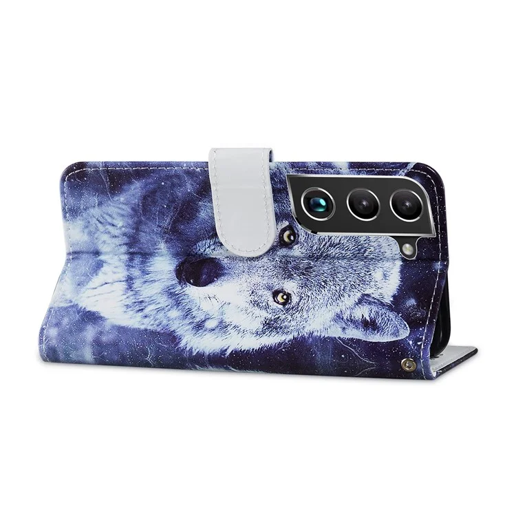 Stand Bookstyle Pattern Printing PU Leather Wallet Magnetic Flip Folio Cover with Wrist Strap for Samsung Galaxy S22 5G - Wolf