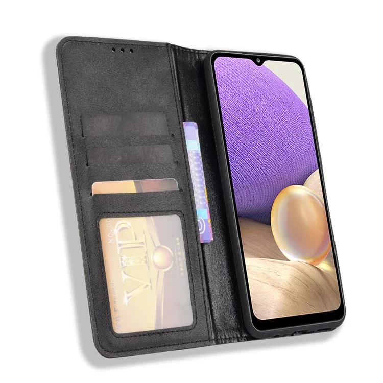 Para Samsung Galaxy A13 5G / A04s 4G (164,7 x 76,7 x 9,1 mm) Retro Textured Surface Anti-Drop Phone Leather Case Wallet Stand Cover - Negro