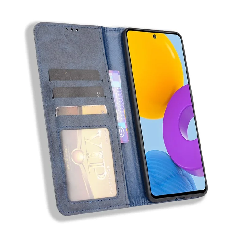 Retro Textured Surface Anti-Drop Phone Leather Case Wallet Stand Cover for Samsung Galaxy M52 5G - Blue