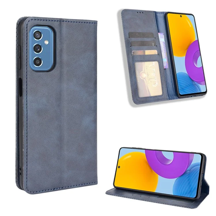 Retro Textured Surface Anti-Drop Phone Leather Case Wallet Stand Cover for Samsung Galaxy M52 5G - Blue