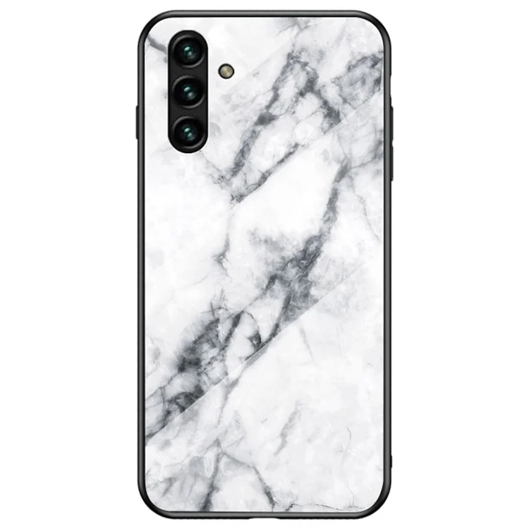 Marble Pattern Stylish Slim Light Anti-scratch Soft TPU Frame PC and Tempered Glass Back Case for Samsung Galaxy A13 5G - White Marble