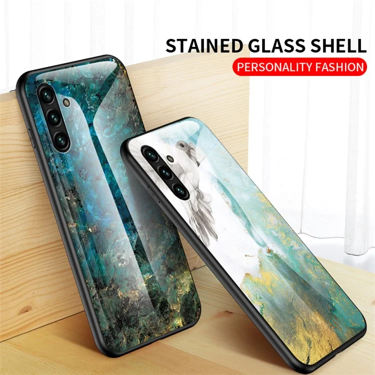 Marble Pattern Stylish Slim Light Anti-scratch Soft TPU Frame PC and Tempered Glass Back Case for Samsung Galaxy A13 5G - White Marble