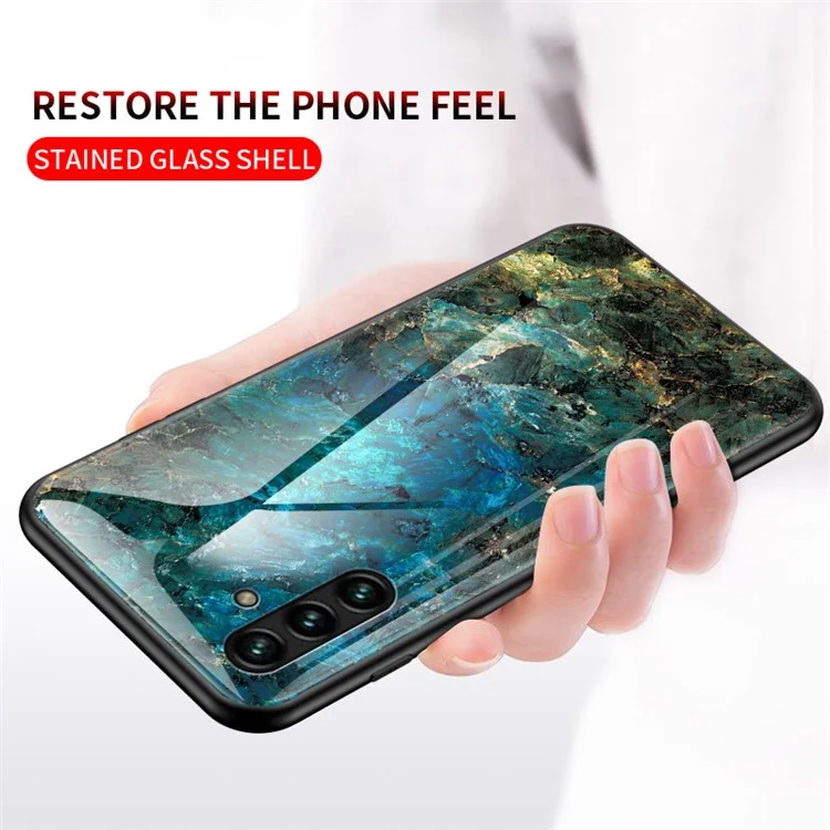 Marble Pattern Stylish Slim Light Anti-scratch Soft TPU Frame PC and Tempered Glass Back Case for Samsung Galaxy A13 5G - White Marble