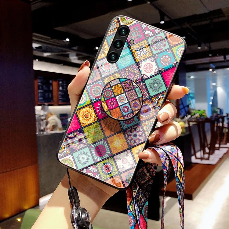 Built-in Metal Sheet Anti-drop Non-slip TPU + PC + Glass Hybrid Phone Case Kickstand Cover with Lanyard for Samsung Galaxy A13 5G - Color Pattern