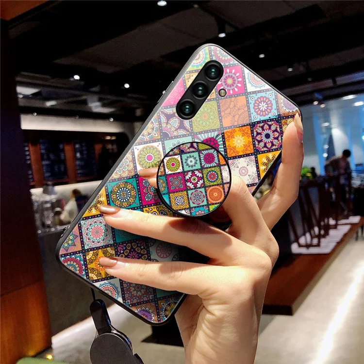 Built-in Metal Sheet Anti-drop Non-slip TPU + PC + Glass Hybrid Phone Case Kickstand Cover with Lanyard for Samsung Galaxy A13 5G - Color Pattern