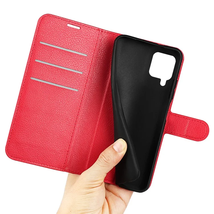 Solid Color Litchi Texture Scratch-resistant PU Leather Stand Wallet Flip Protective Phone Cover for Samsung Galaxy M22 - Red