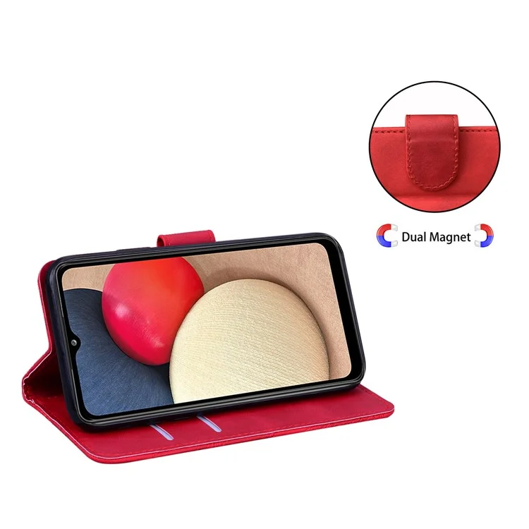 Diseño de soporte ajustable Gran mariposa Impresión a color Piel sintética con tacto de piel Funda de billetera para teléfono para Samsung Galaxy A02s (164,2x75,9x9,1mm) - Rojo