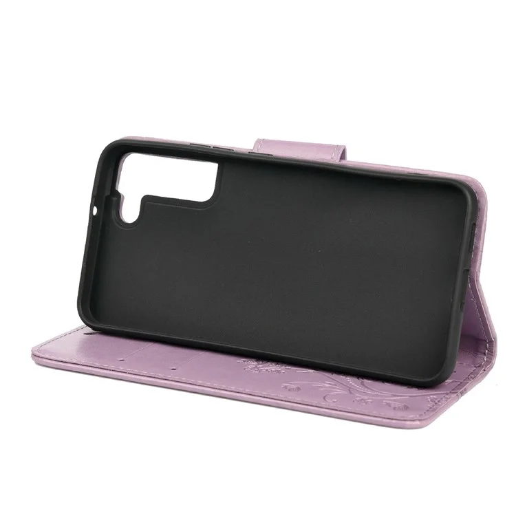 Imprinting Butterflies Flowers PU Leather Folio Flip Phone Case Stand Wallet Cover for Samsung Galaxy S22 5G - Light Purple