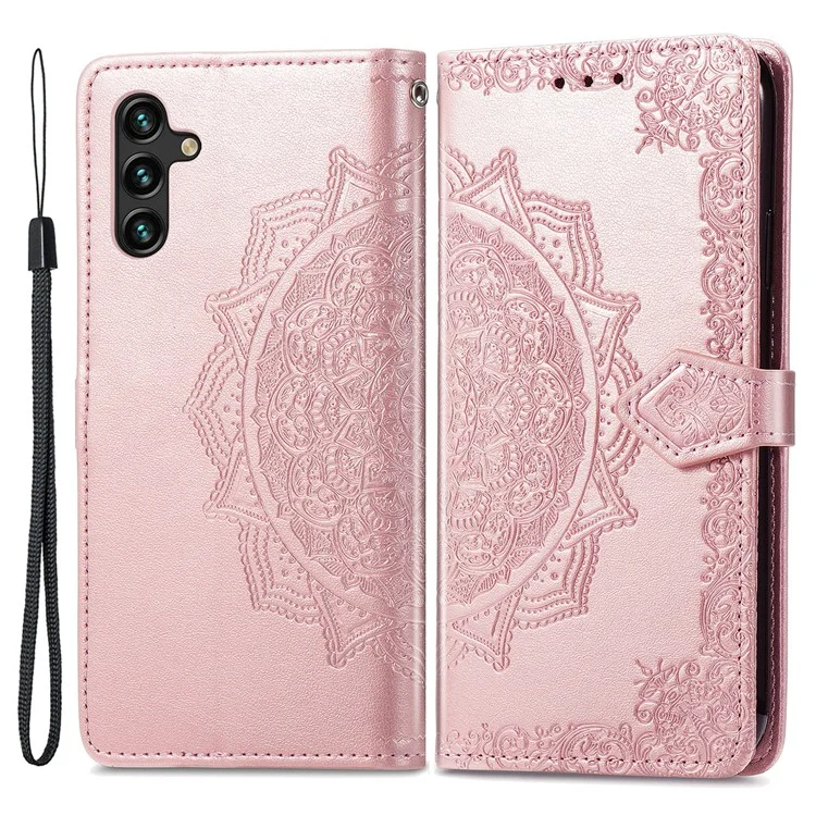 Embossed Mandala Flower Shockproof PU Leather Wallet Flip Stand Cover with Strap for Samsung Galaxy A13 5G / A04s 4G (164.7 x 76.7 x 9.1 mm) - Rose Gold