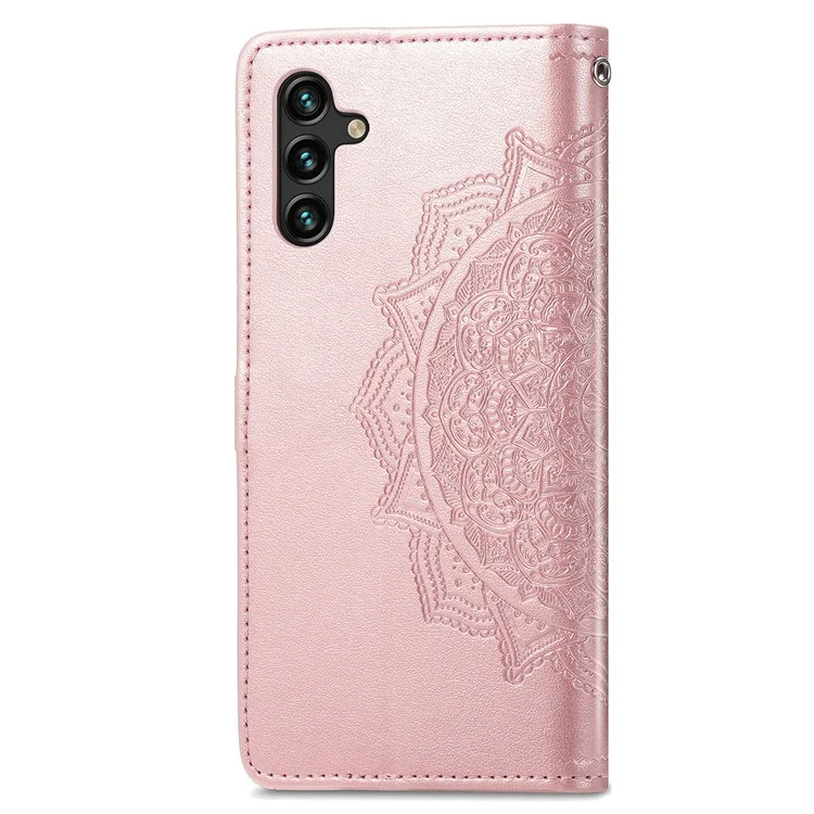 Embossed Mandala Flower Shockproof PU Leather Wallet Flip Stand Cover with Strap for Samsung Galaxy A13 5G / A04s 4G (164.7 x 76.7 x 9.1 mm) - Rose Gold