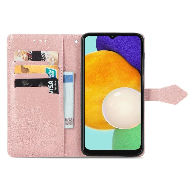 Embossed Mandala Flower Shockproof PU Leather Wallet Flip Stand Cover with Strap for Samsung Galaxy A13 5G / A04s 4G (164.7 x 76.7 x 9.1 mm) - Rose Gold