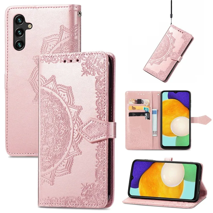Embossed Mandala Flower Shockproof PU Leather Wallet Flip Stand Cover with Strap for Samsung Galaxy A13 5G / A04s 4G (164.7 x 76.7 x 9.1 mm) - Rose Gold
