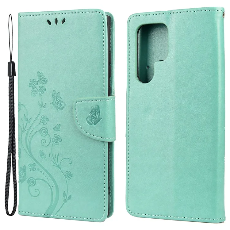 Imprinting Butterflies Flowers Stand Wallet Leather Cover TPU Phone Case for Samsung Galaxy S22 Ultra 5G - Green