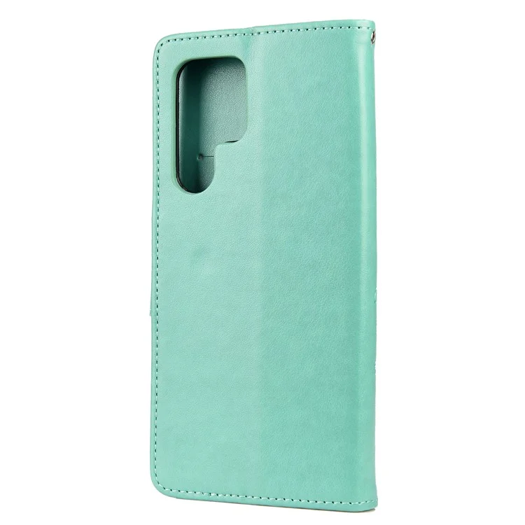 Imprinting Butterflies Flowers Stand Wallet Leather Cover TPU Phone Case for Samsung Galaxy S22 Ultra 5G - Green